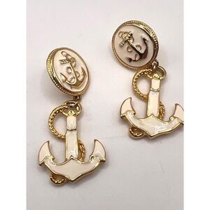 Park Lane Nautical Anchor Earrings Gold & White Enamel Dangle Pierced